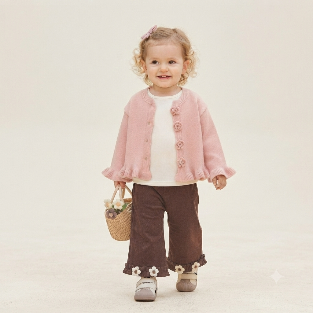 Girls Floral Knit Cardigan & Wide-Leg Pants Set-Pink