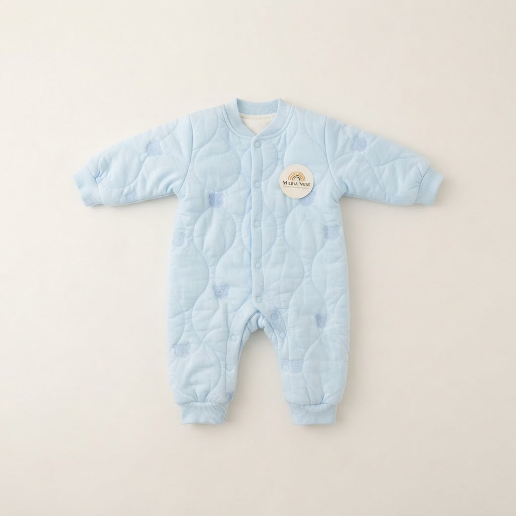 Cozy Quilted Bear Print Baby Jumpsuit- Sky blue