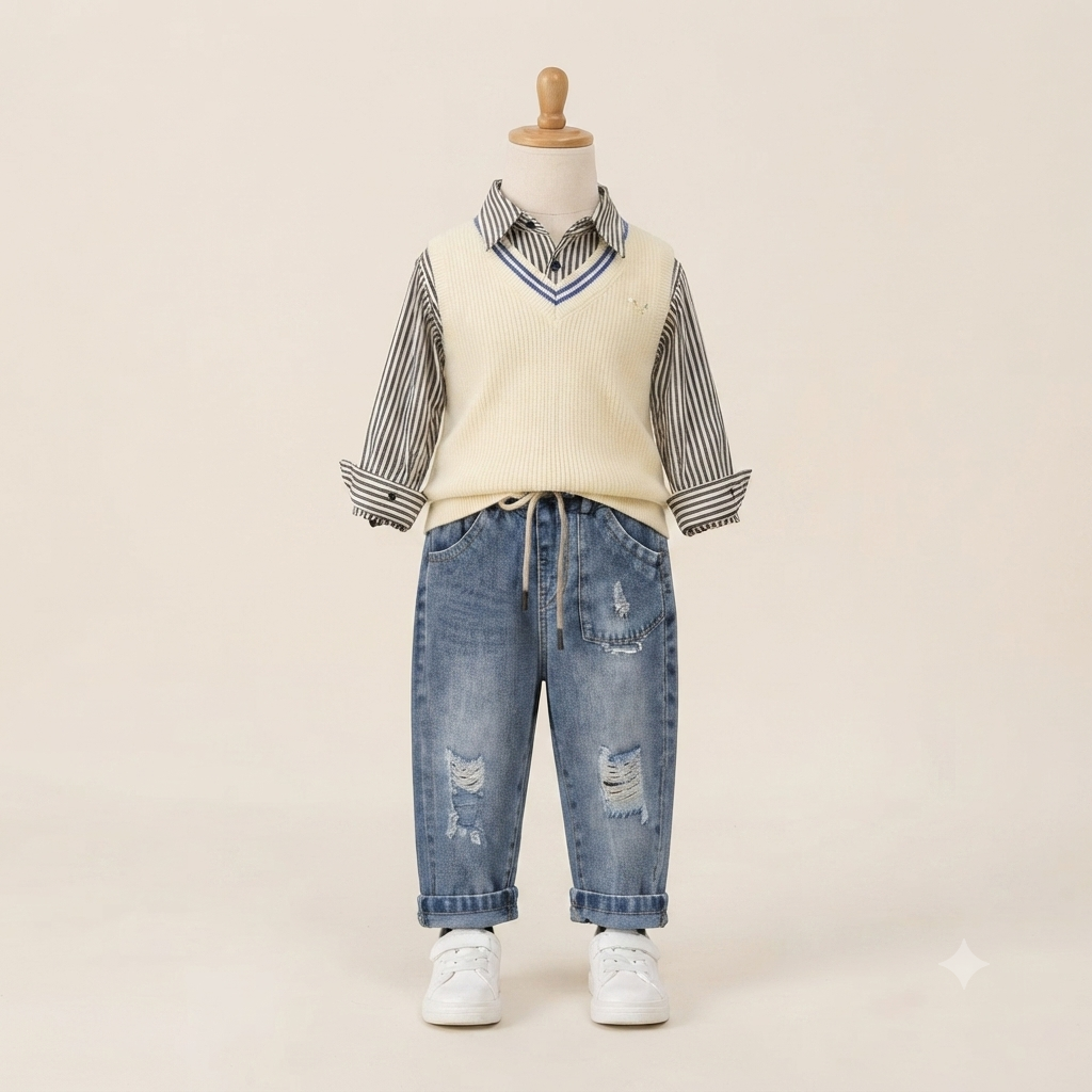 Cream V-Neck Knit Vest & Striped Shirt Set with Distressed Denim
