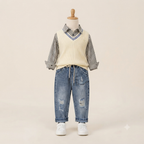 Cream V-Neck Knit Vest & Striped Shirt Set with Distressed Denim