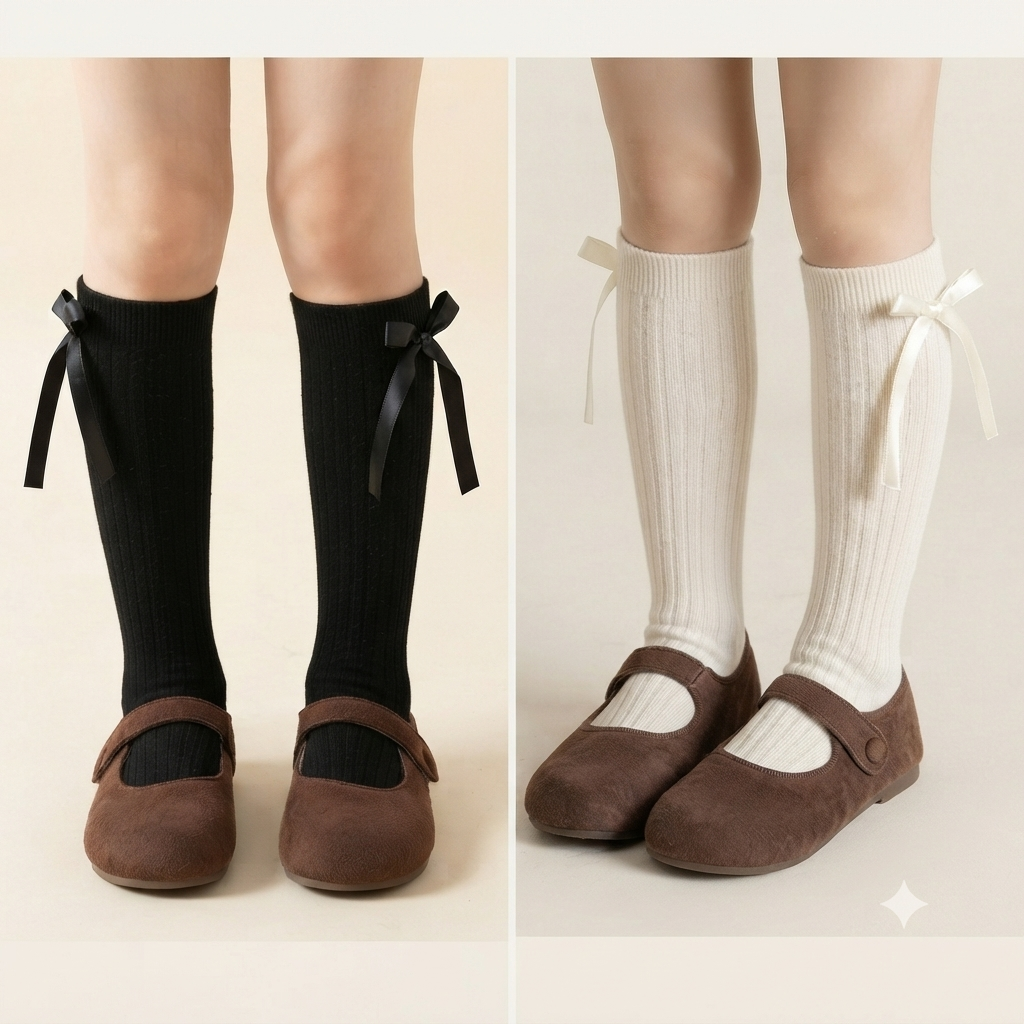 Girls Ribbed Knee-High Socks with Satin Bow Accents