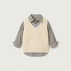 Cream V-Neck Knit Vest & Striped Shirt Set with Distressed Denim