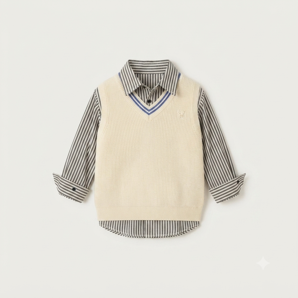 Cream V-Neck Knit Vest & Striped Shirt Set with Distressed Denim