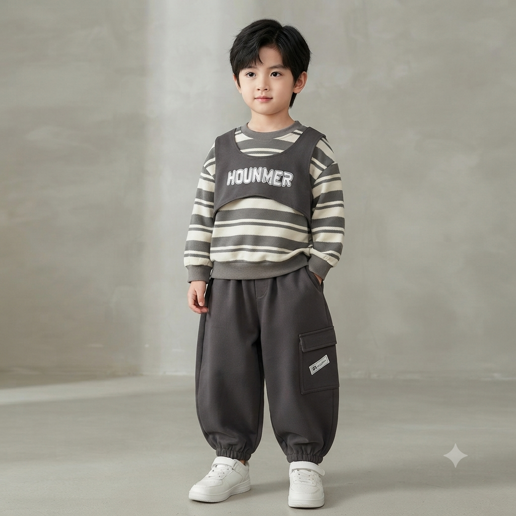 Thick Fleece Baggy Joggers & Layered Sweater-Style Sweatshirt Set