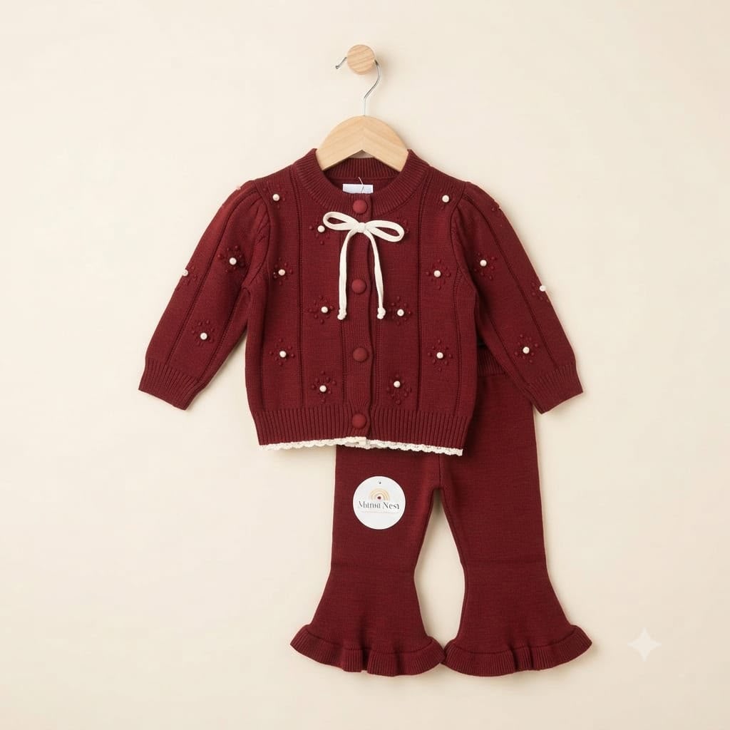 Baby Girls Pearl Knit Cardigan & Ruffle Trousers – Maroon