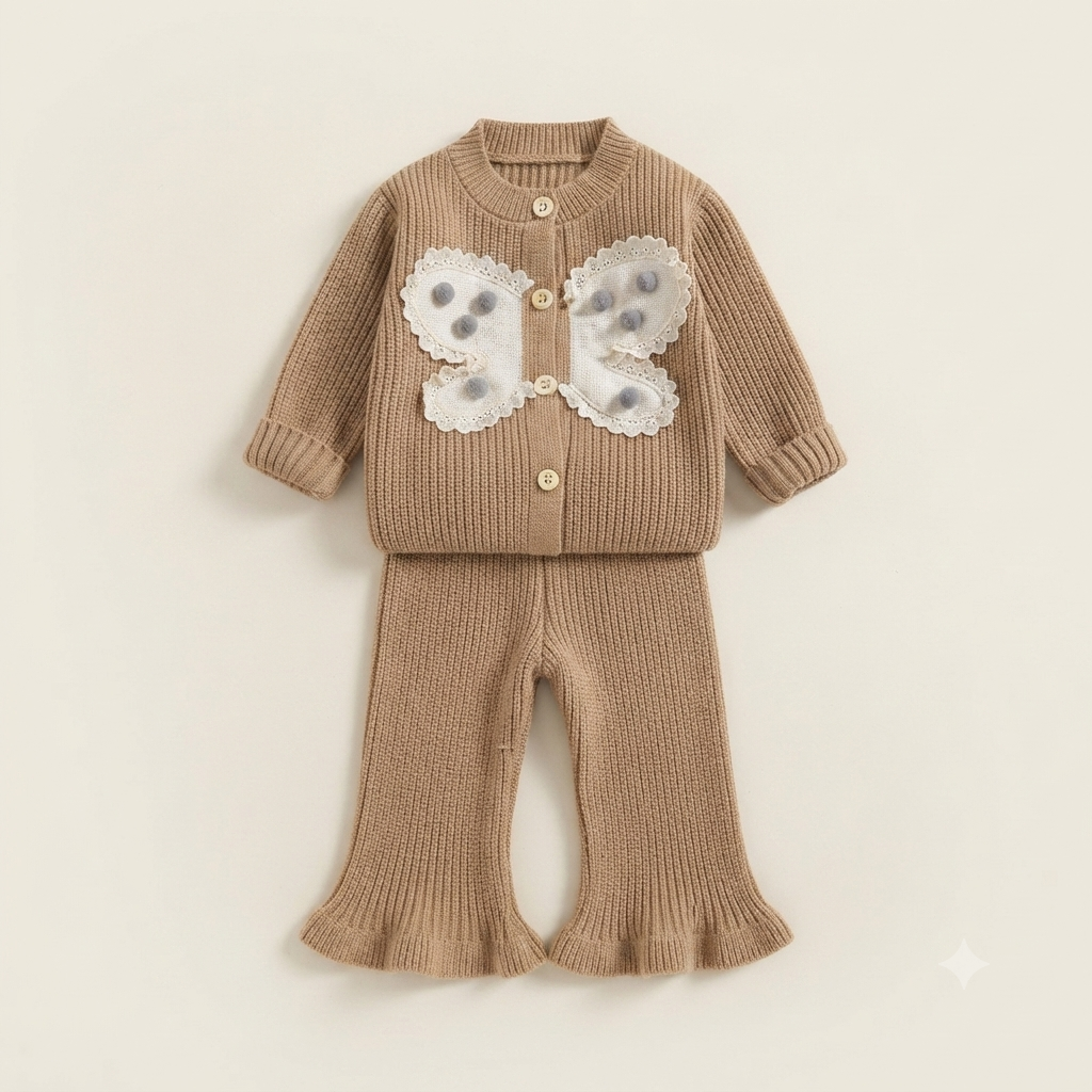 Butterfly Applique Ribbed Knit Cardigan and Pants Set