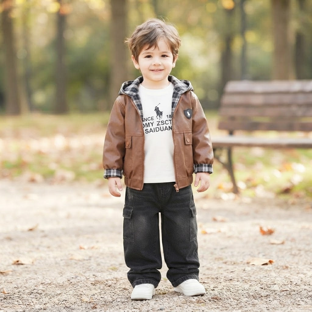 Toddler Boys Plaid-Hooded Faux-Leather Jacket & Baggy Set