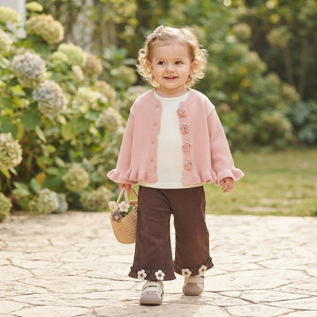 Girls Floral Knit Cardigan & Wide-Leg Pants Set-Pink