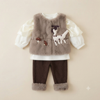 Girls Deer Faux Fur Vest Winter Set with Corduroy Pants