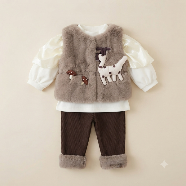 Girls Deer Faux Fur Vest Winter Set with Corduroy Pants