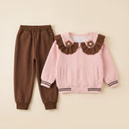 Pink and Brown Ruffle Collar Zip-Up Jacket and Jogger Set