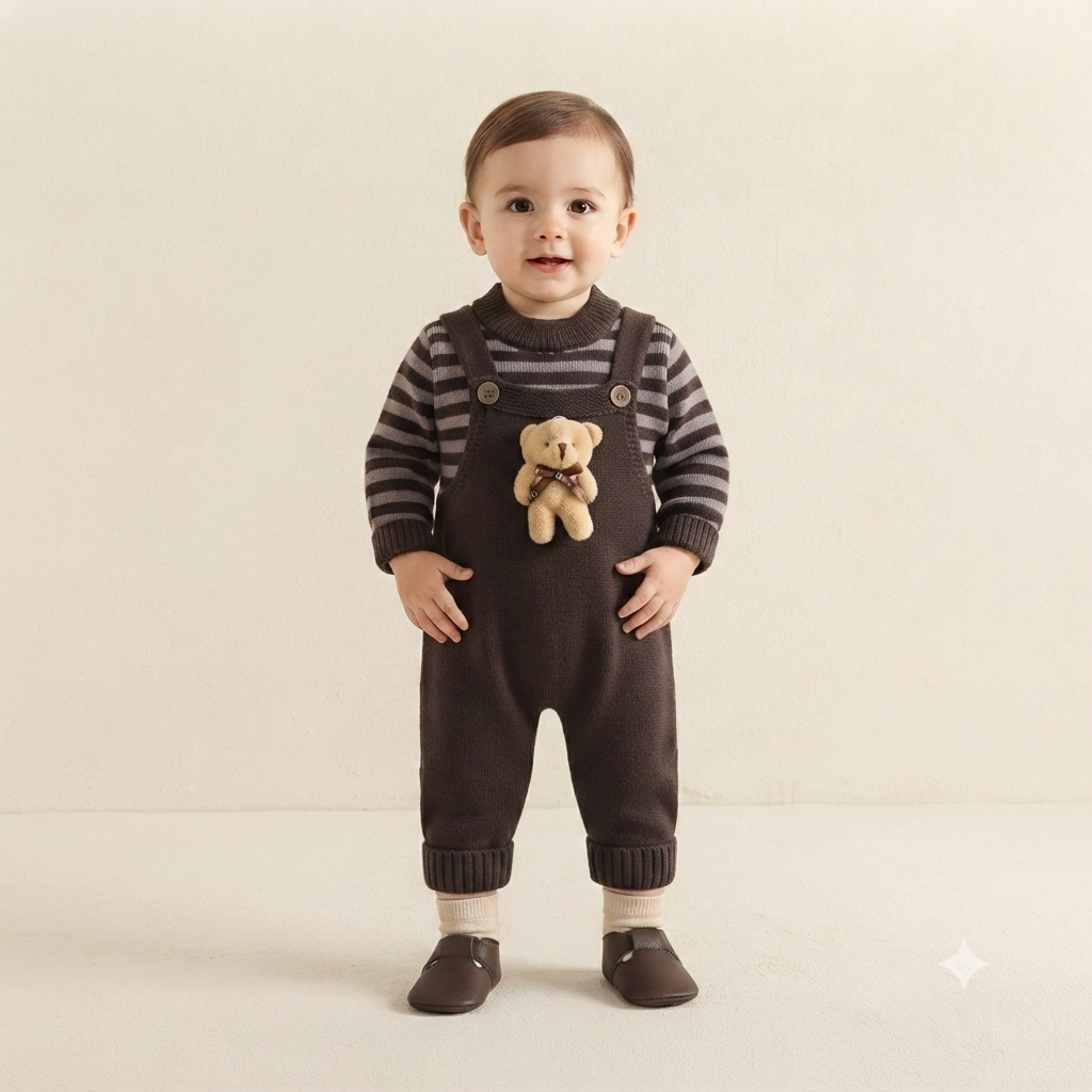 Cozy Bear Accent Striped Knit Baby Romper