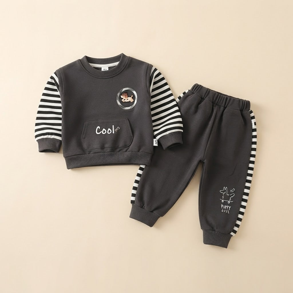Cool Fleece Sweatshirt & Striped Trousers Set- Charcoal Grey