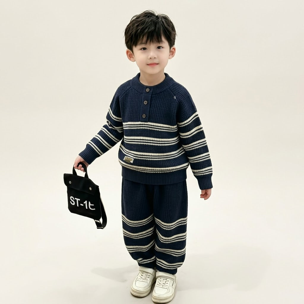 Boys Navy Blue Striped Knitted Sweater & Trouser Set