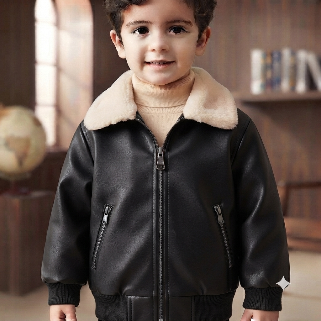 Toddler Faux Leather Bomber Jacket with Sherpa Collar-Black