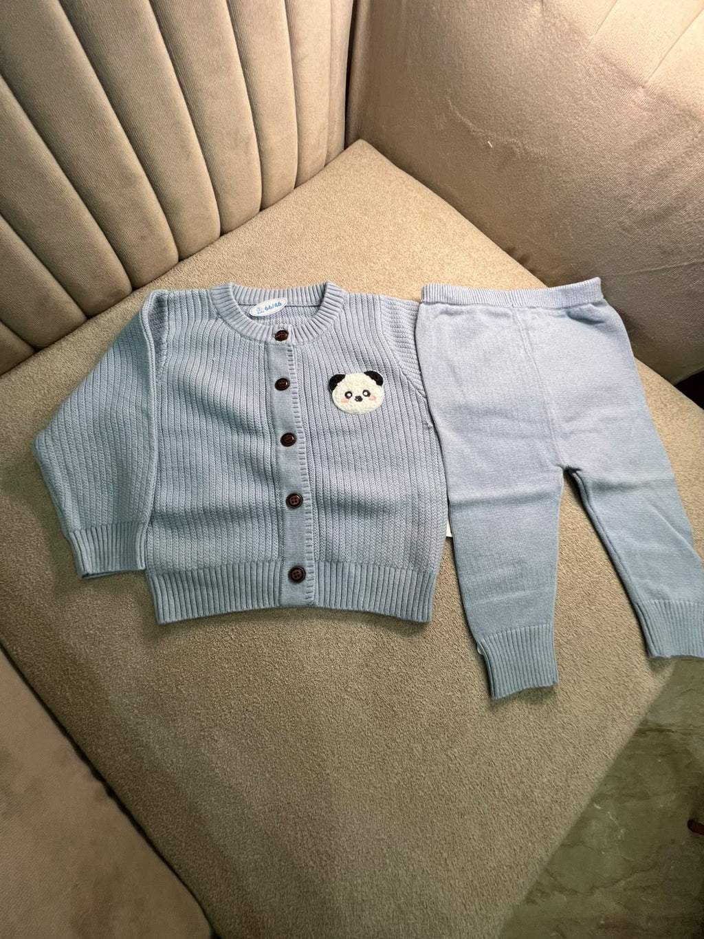 Baby Blue Panda Patch Ribbed Knit Cardigan Set