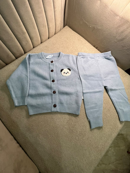 Baby Blue Panda Patch Ribbed Knit Cardigan Set