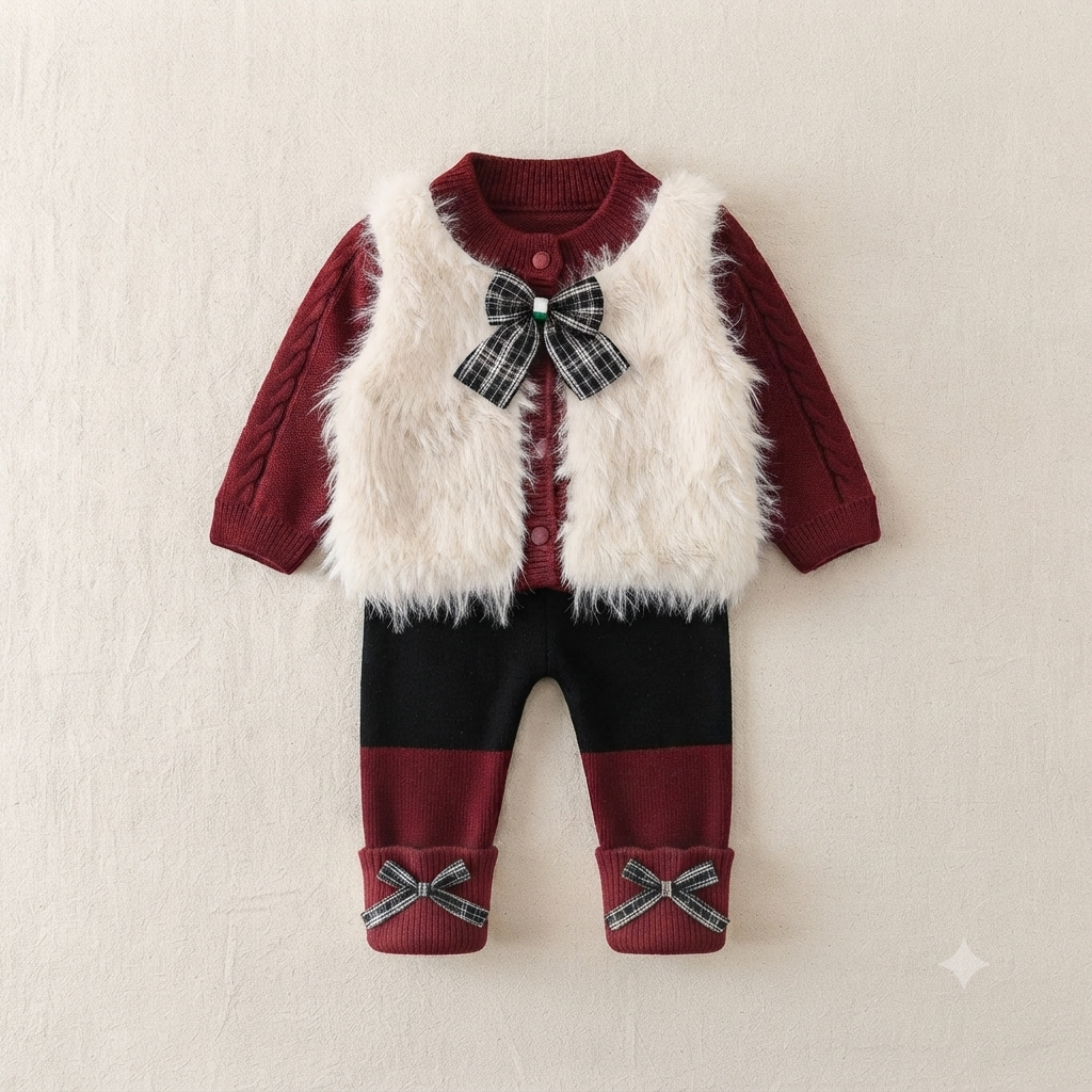 Cute Plaid Bow Accent Knit Sweater and Pants Set for Girls