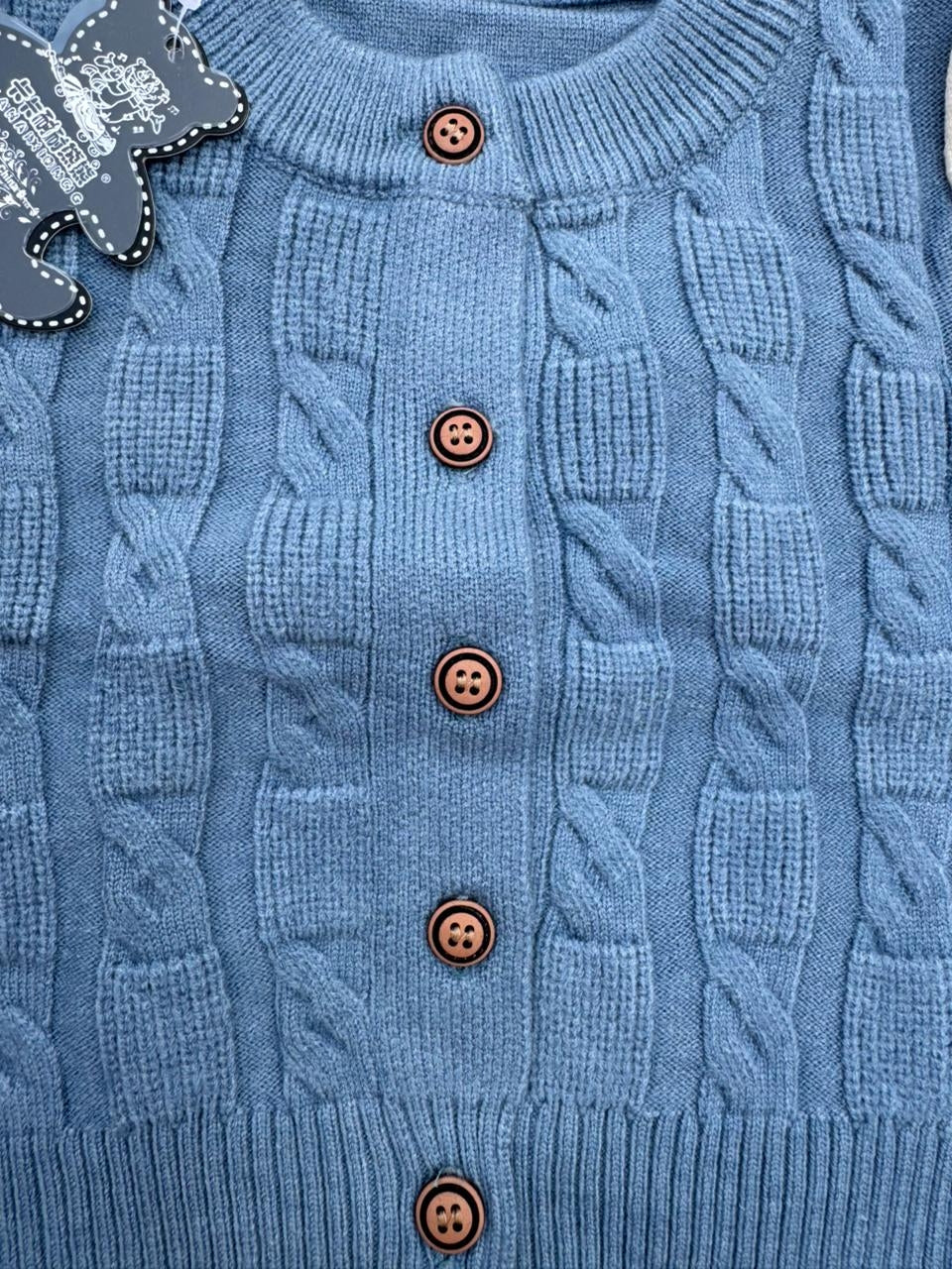 Two-Tone Teddy Cable Knit Cardigan (Blue & Cream)