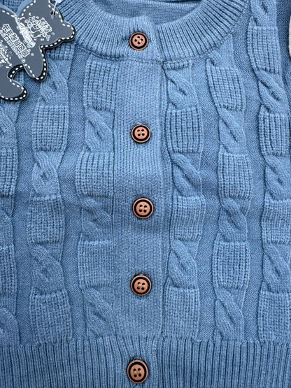 Two-Tone Teddy Cable Knit Cardigan (Blue & Cream)