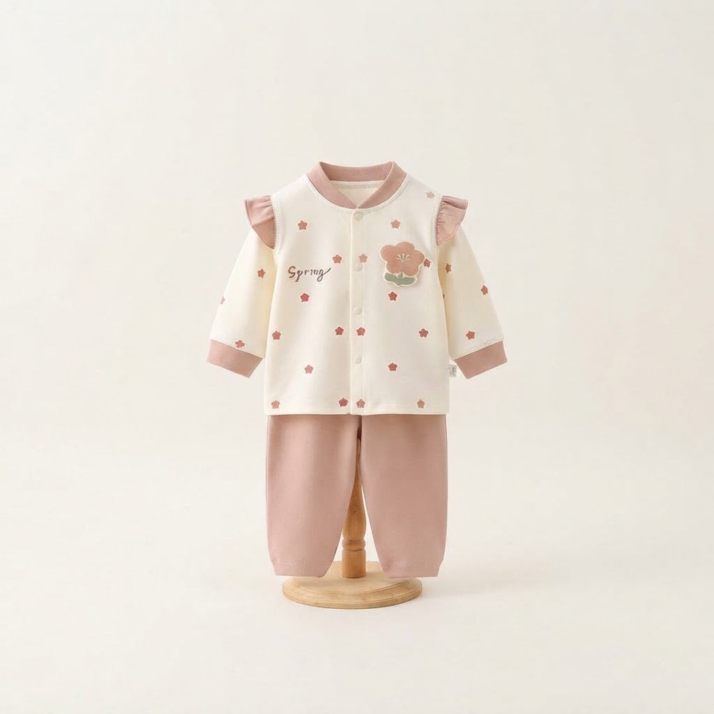 Sweet Spring Floral Ruffle Top & Pants Set Lightweight - Tea Pink