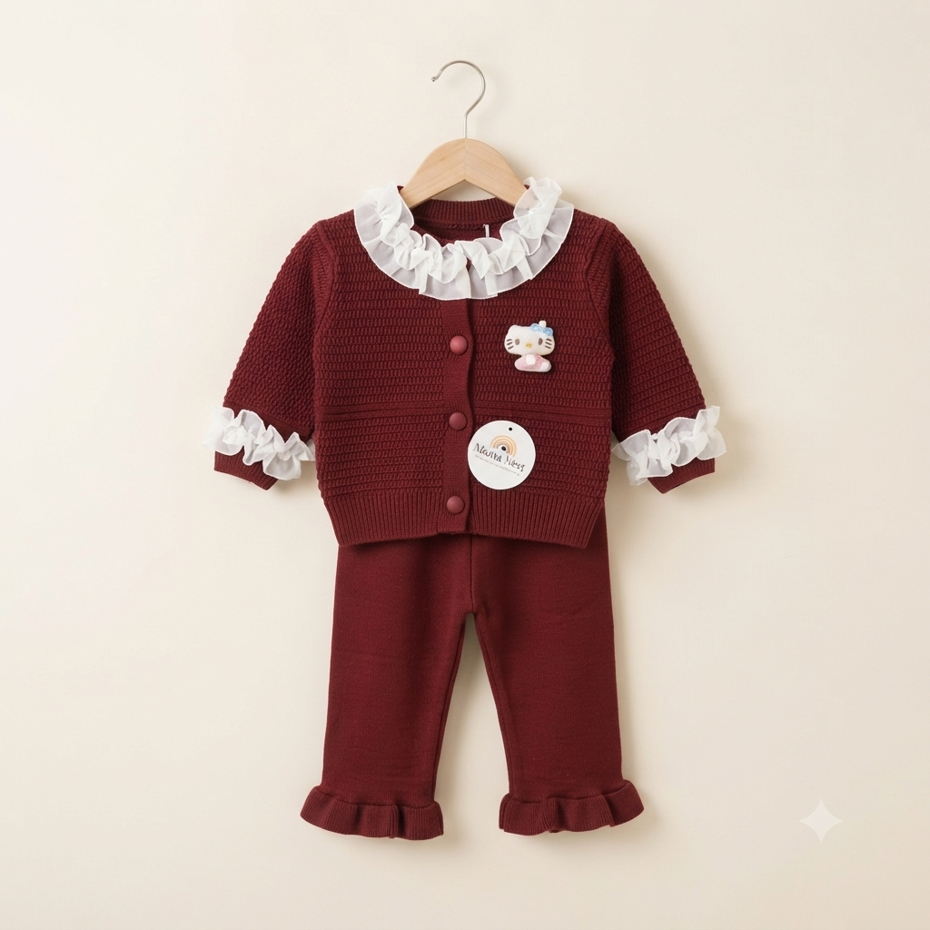 Maroon Knit Ruffle Top & Trouser Set with White Organza Collar