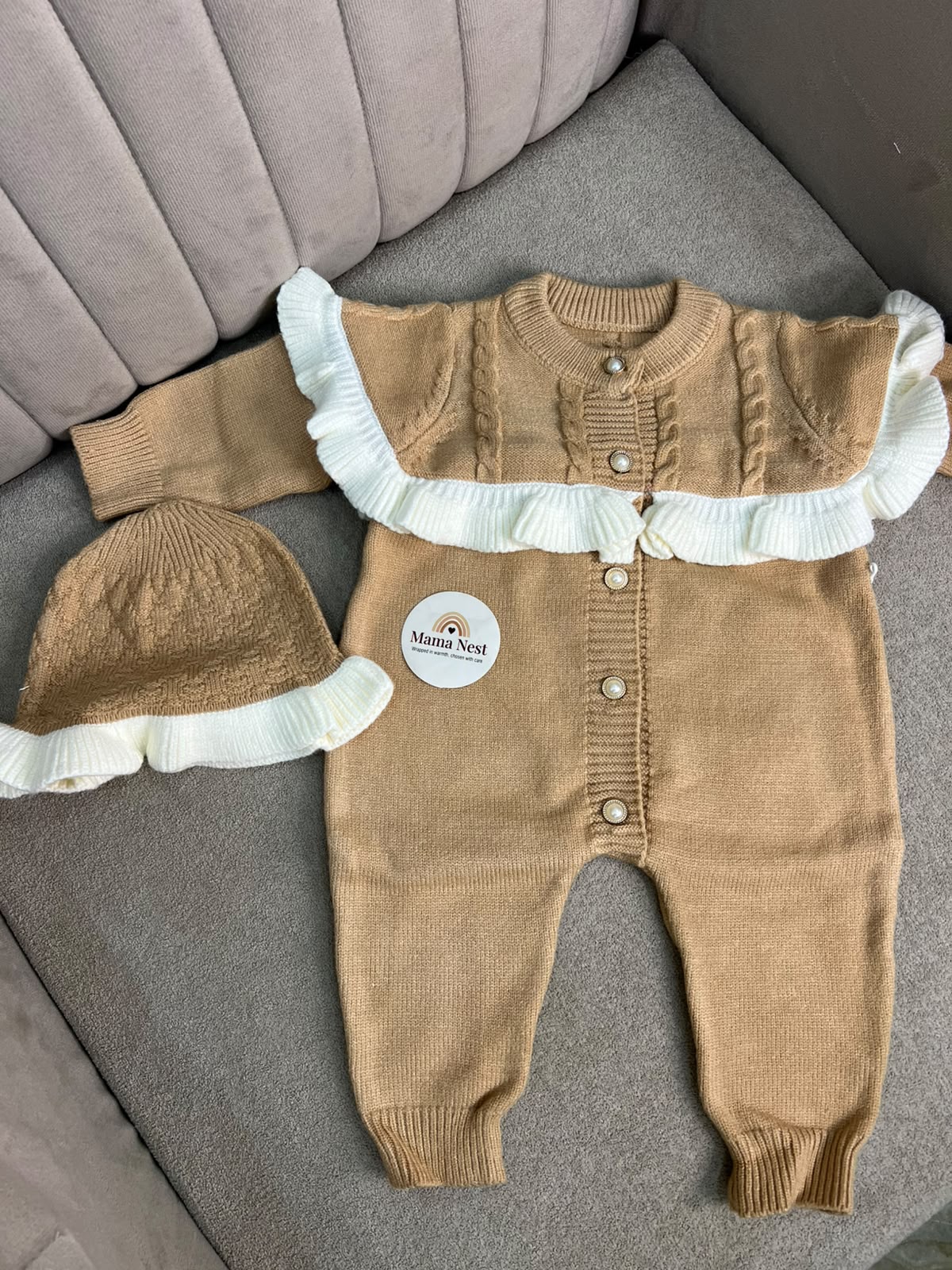 Cozy Caramel Knit Ruffle Romper & Matching Beanie Set