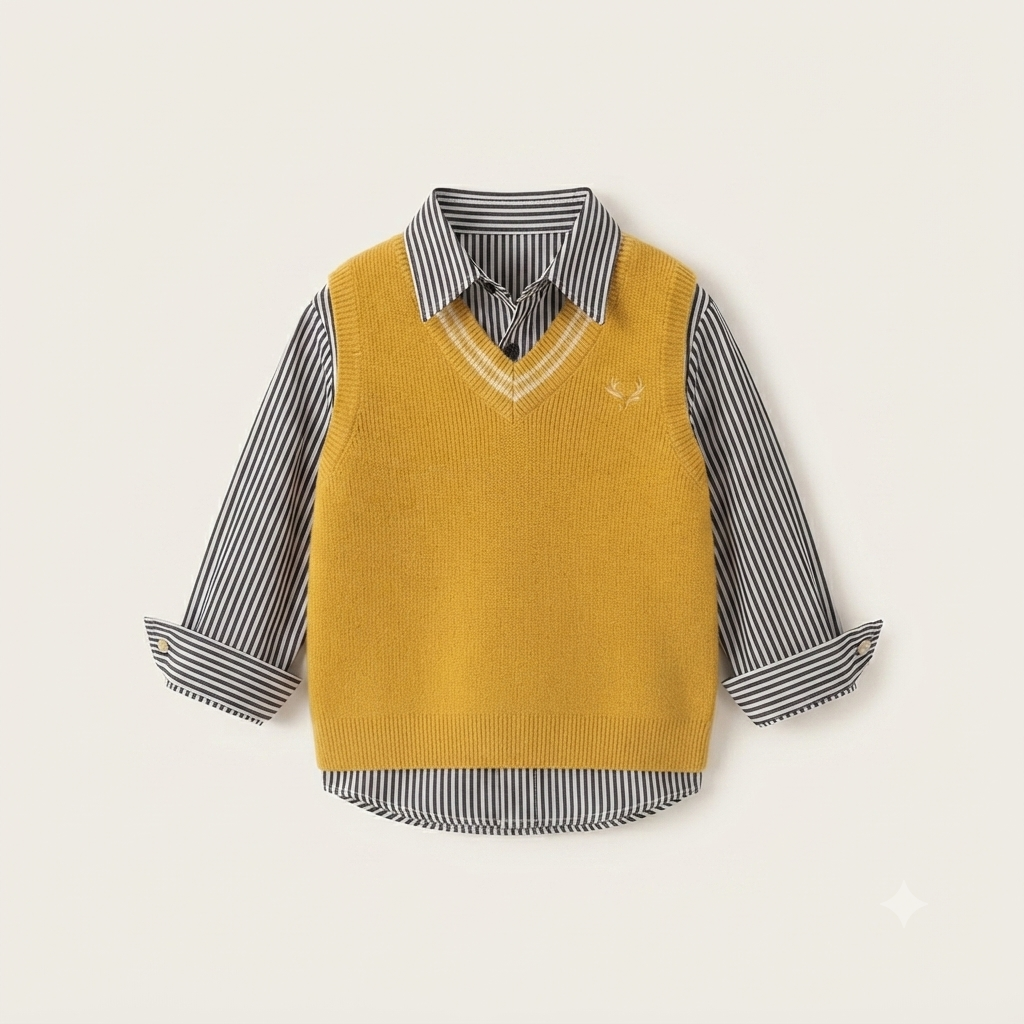 Mustard V-Neck Sweater Vest & Striped Shirt Set with Distressed Black Denim