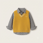 Mustard V-Neck Sweater Vest & Striped Shirt Set with Distressed Black Denim