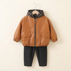 Boys Faux-Leather Zip-Up Jacket with Plaid Hood and Cargo Jeans Outfit- Rust Brown