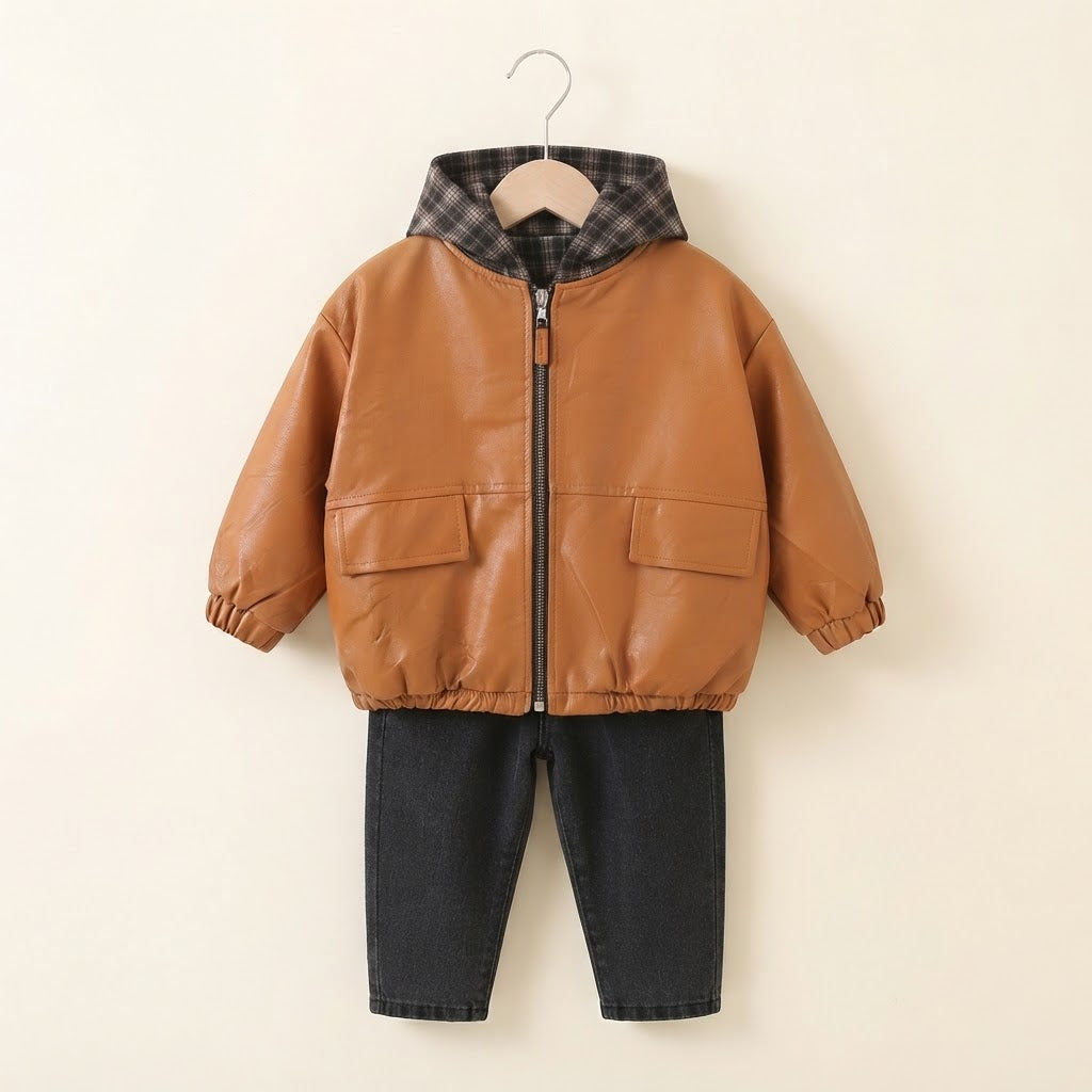 Boys Faux-Leather Zip-Up Jacket with Plaid Hood and Cargo Jeans Outfit- Rust Brown