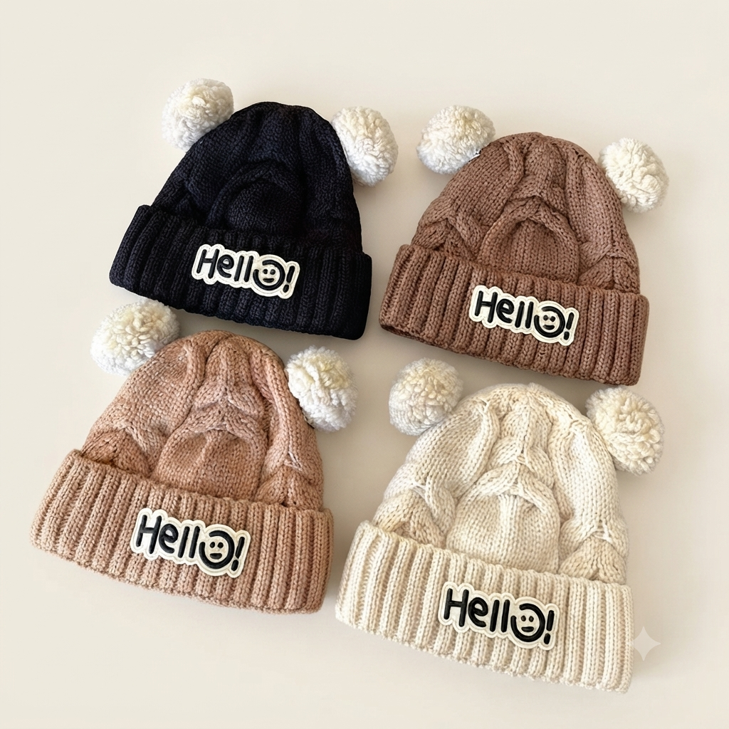 Double Pom-Pom "Hello!" Knit Beanie