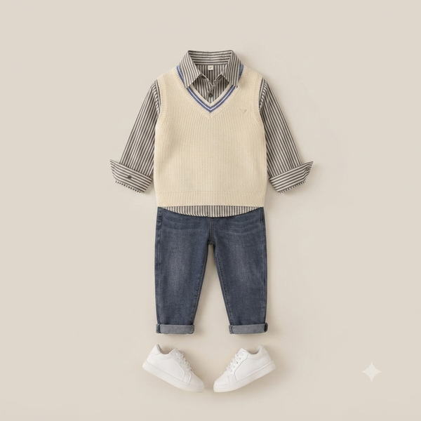 Cream V-Neck Knit Vest & Striped Shirt Set with Distressed Denim