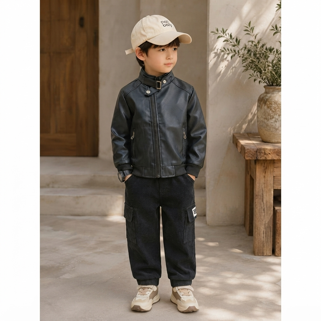 Boys' Fur-Lined Faux Leather Biker Set