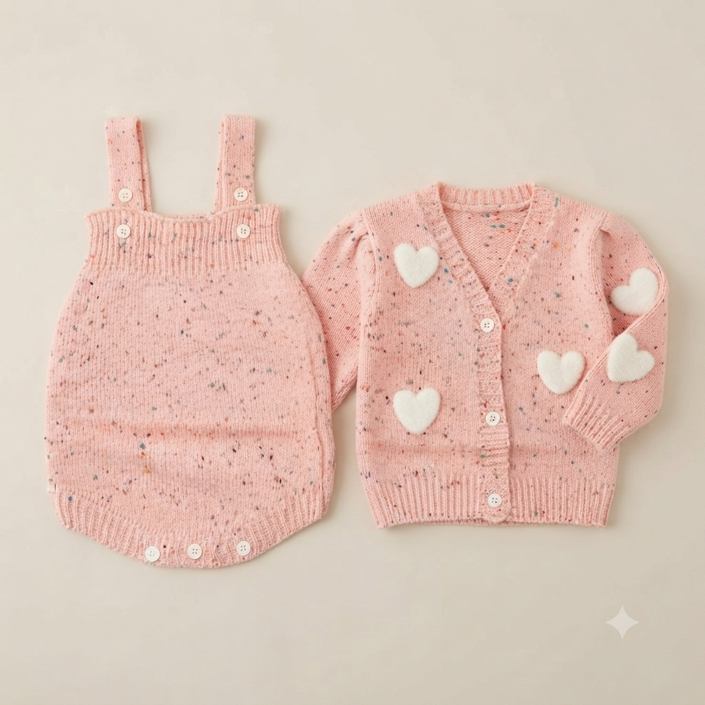 Pastel Pink Confetti Knit Heart Cardigan & Romper Set