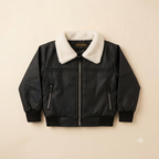 Toddler Faux Leather Bomber Jacket with Sherpa Collar-Black