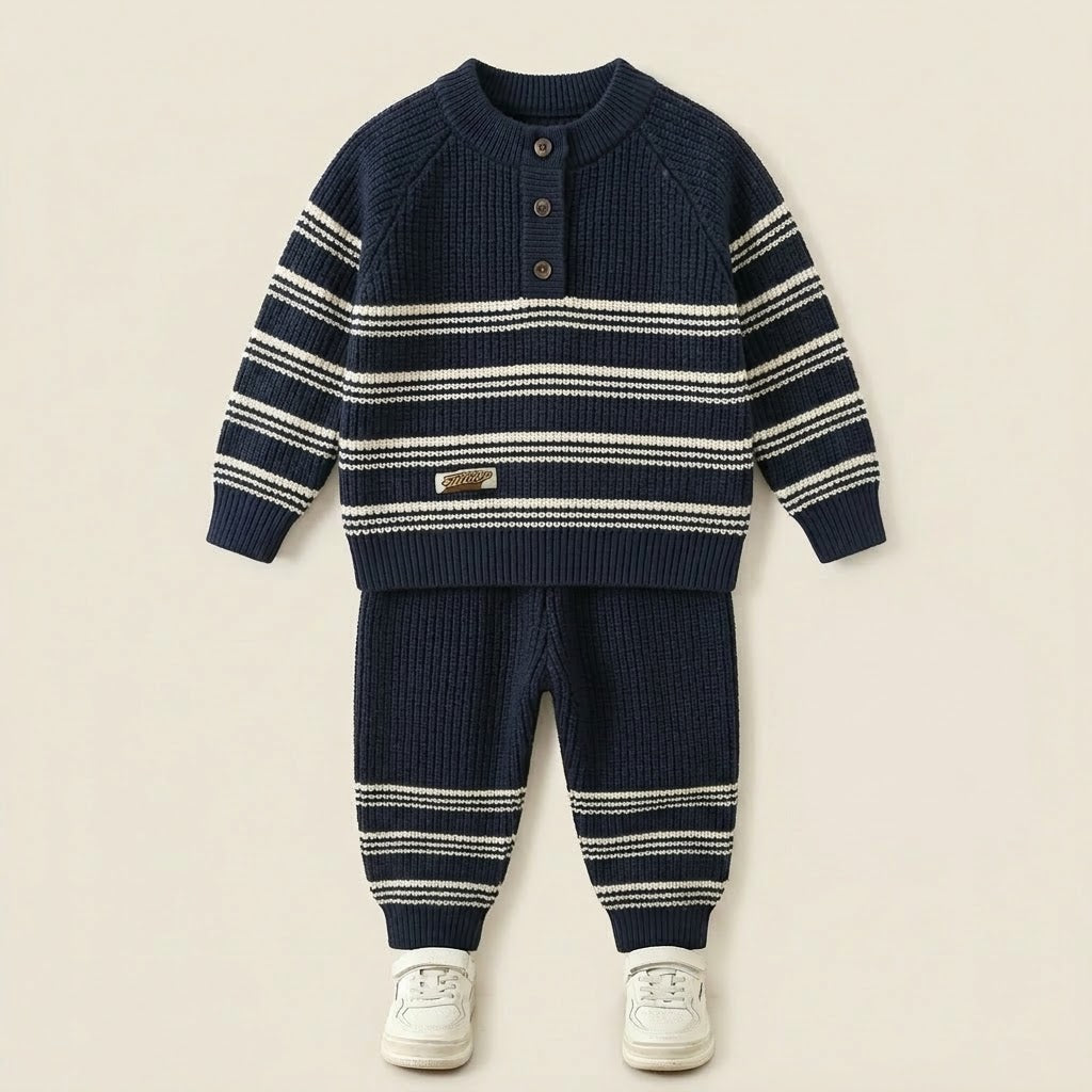 Boys Navy Blue Striped Knitted Sweater & Trouser Set
