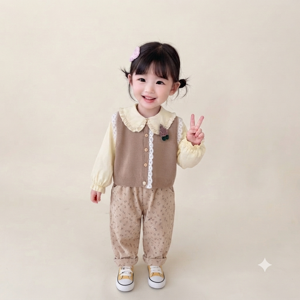 Baby Girl Knit Vest Blouse Corduroy Pants Outfit Set-Brown