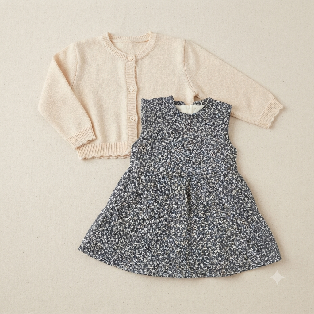 Girls' Fleece-Lined Floral Frock with Knit Cardigan Set