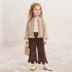 Girls Floral Knit Cardigan & Wide-Leg Pants Set-Beige Brown