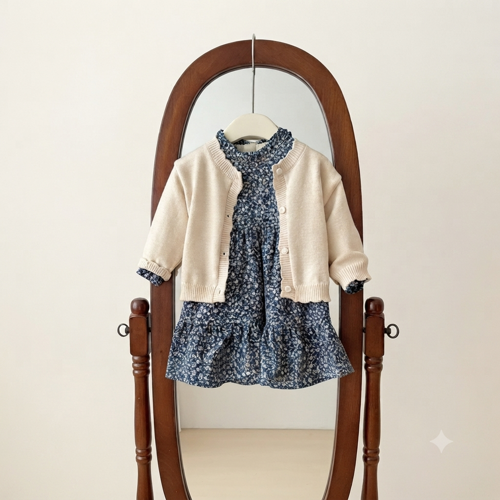 Girls' Fleece-Lined Floral Frock with Knit Cardigan Set