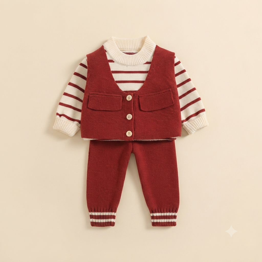 Infant Knit Vest and Striped Tracksuit-Red