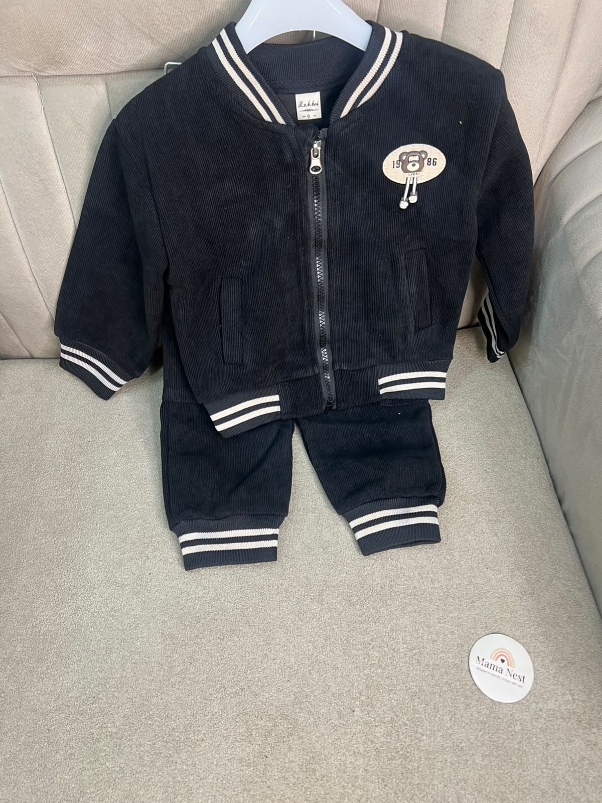 Black Corduroy Varsity Jacket and Pants Tracksuit Set for Boys