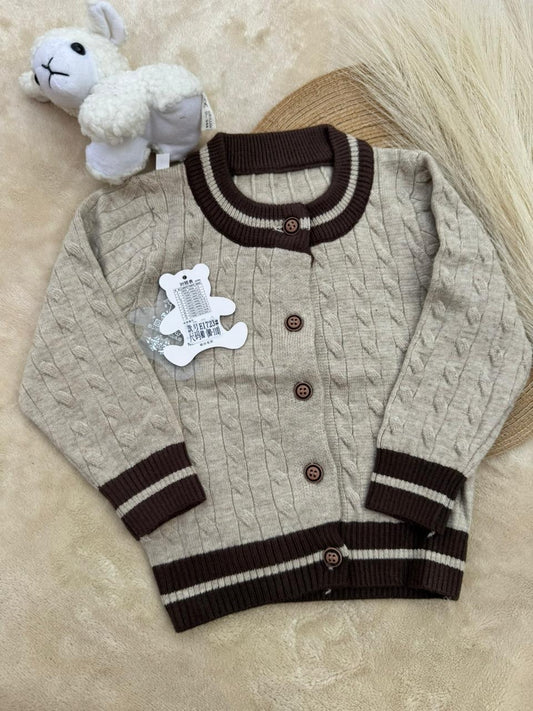 Classic Cable Knit Cardigan (Beige with Brown Trim)
