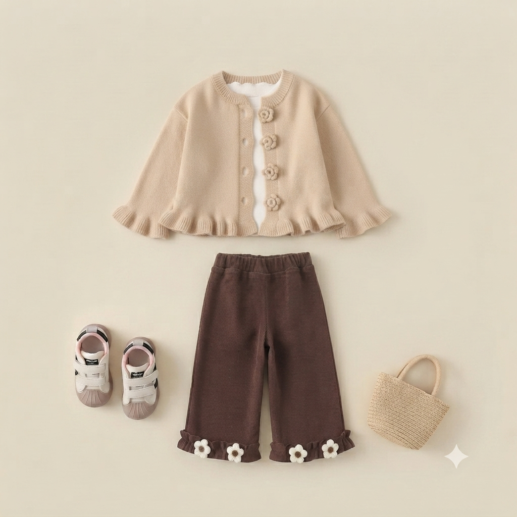 Girls Floral Knit Cardigan & Wide-Leg Pants Set-Beige Brown