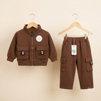 Unisex Kids Fleece Cargo Tracksuit Set-Brown