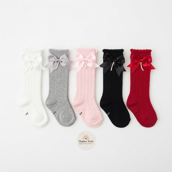 Elegant Pearl & Satin Bow Baby Socks