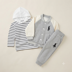 Polo Boy 3-Piece Varsity Jacket, Striped Hoodie, and Jogger Set-Grey
