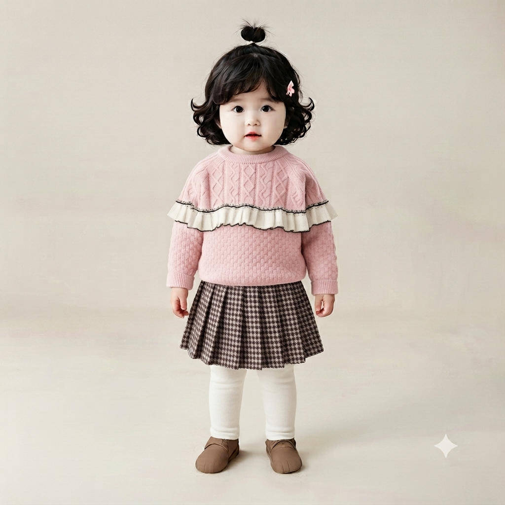 Toddler Girls Cable Knit Sweater and Houndstooth Pleated Skirt Set - Pink