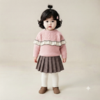 Toddler Girls Cable Knit Sweater and Houndstooth Pleated Skirt Set - Pink